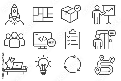 Startup Essentials Icons. Line style icons of startup essentials: startup launch icon, business model canvas, product-market fit,