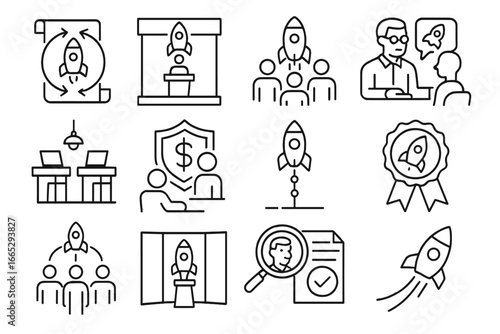 Startup Accelerator Icons. Line style icons of startup accelerators: accelerator program icon, demo day stage, startup cohort icon