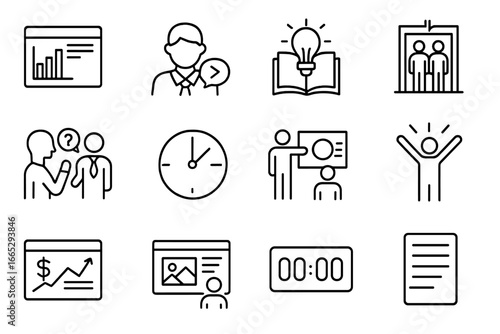 Startup Pitch Icons. Line style icons of startup pitch prep: slide editor icon, presentation coach, storytelling icon, elevator