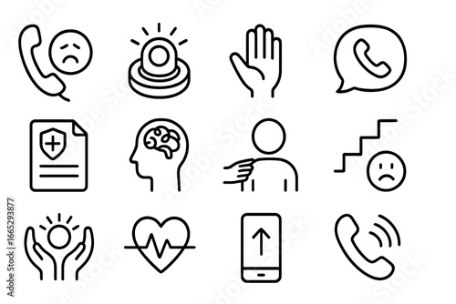 Crisis Support Icons. Line style icons of crisis and support: suicide hotline icon, emergency call button, help request hand,