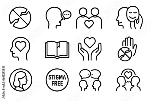 Mental Health Iconography. Line style icons of mental health stigma awareness: broken stigma icon, speak up icon, not alone icon,