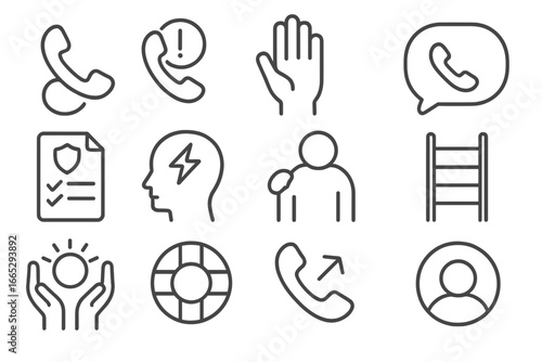 Crisis Support Icons. Line style icons of crisis and support: suicide hotline icon, emergency call button, help request hand,