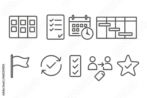 Task Management Icons. Line style icons of task and project management: kanban board icon, task list sheet, deadline icon, project