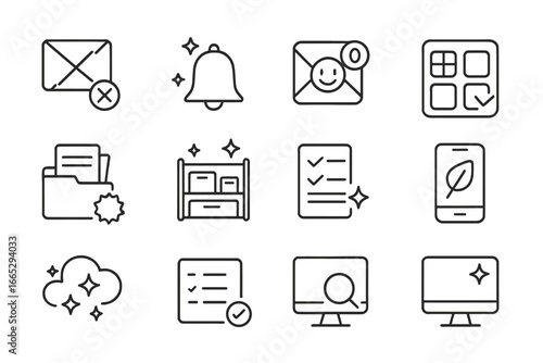 Digital Declutter Icons. Line style icons of digital declutter: unsubscribe icon, notification clean-up, email zero icon, app