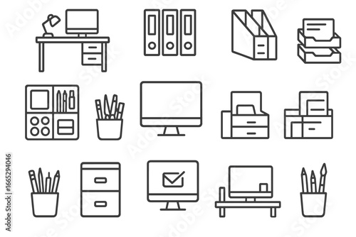Organized Workspace Icons. Line style icons of workspace organization: tidy desk icon, labeled folders, document sorter, drawer