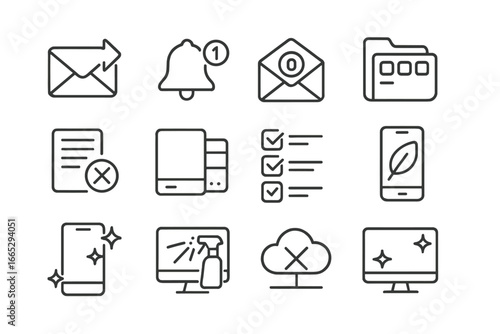 Digital Declutter Icons. Line style icons of digital declutter: unsubscribe icon, notification clean-up, email zero icon, app