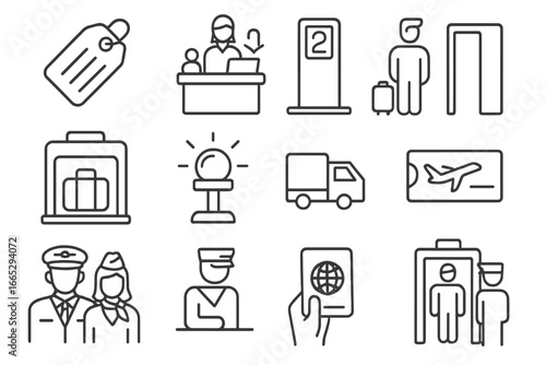 Airport Logistics Icons. Line style icons of airport logistics: baggage tag icon, check-in counter, boarding gate icon, luggage