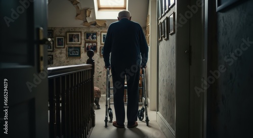 Elderly caucasian male using walker in dimly lit hallway