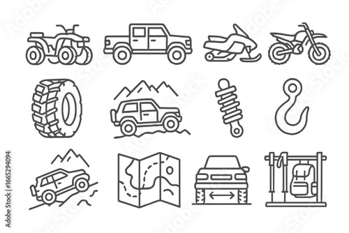 Off-Road Adventure Icons. Line style icons of mountain and off-road transport: ATV icon, 4x4 truck, snowmobile icon, dirt bike
