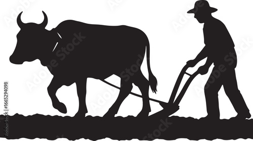 Farmer with ox plowing field silhouette agriculture