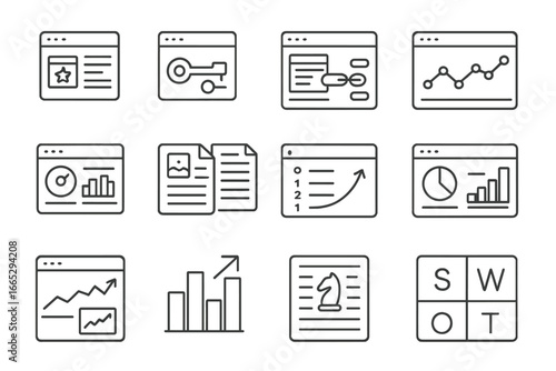 SEO Analysis Icons. Line style icons of competitive analysis: competitor site icon, keyword gap icon, backlink comparison icon,