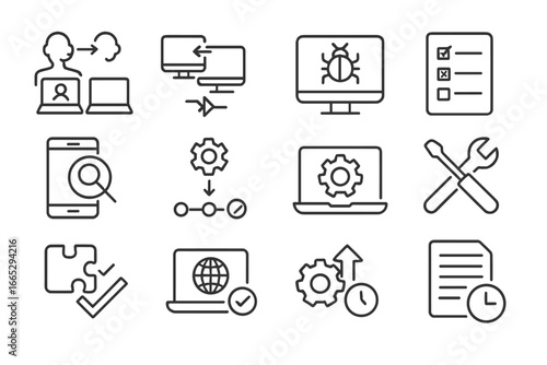 Technical Support Icons. Line style icons of technical support tools: remote assistance icon, screen sharing icon, bug report icon