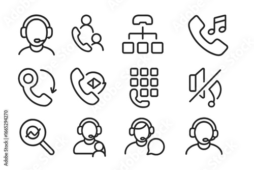 Call Center Icons. Line style icons of call center support: headset agent icon, call queue icon, automatic call distribution, hold