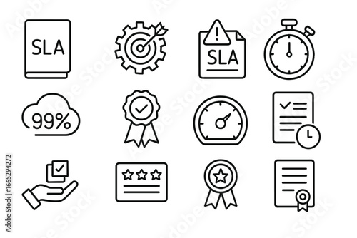 Service Quality Icons. Line style icons of service quality and SLA: SLA icon, service target chart, SLA breach alert, SLA timer