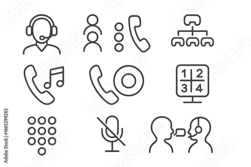 Call Center Icons. Line style icons of call center support: headset agent icon, call queue icon, automatic call distribution, hold