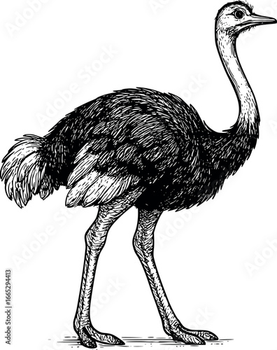 Hand-drawn sketch of African ostrich (Struthio camelus), monochrome black ink, vector, isolated on white background