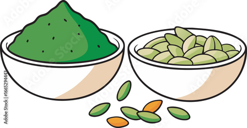 Two bowls of green powder and seeds isolated on a white background