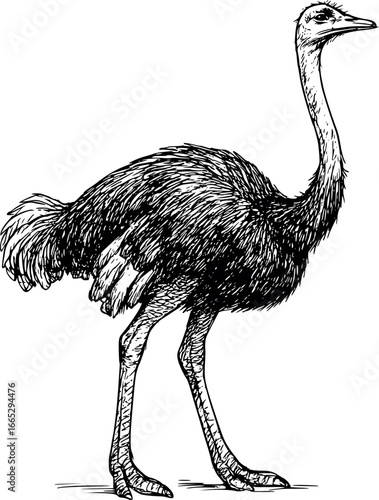 Hand-drawn sketch of African ostrich (Struthio camelus), monochrome black ink, vector, isolated on white background