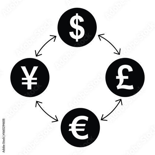 Global currency exchange cycle representing financial transactions and international trade silhouette