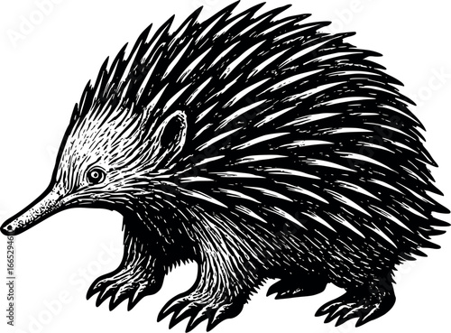 Hand-drawn sketch of Australian echidna (Tachyglossus aculeatus), monochrome black ink, vector, isolated on white background