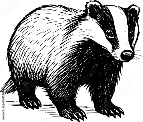 Hand-drawn sketch of Badger (Meles meles), monochrome black ink, vector, isolated on white background
