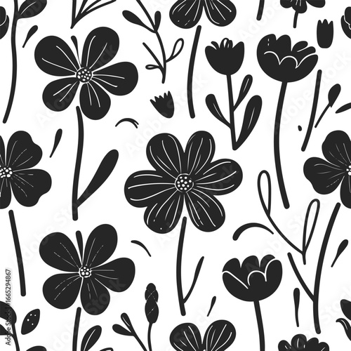 Wildflower Doodle Seamless Vector Pattern, bold thick solid black blooms and freeform stems, clean minimal abstract line art, high visibility, plain white background, no gradients, repeatable