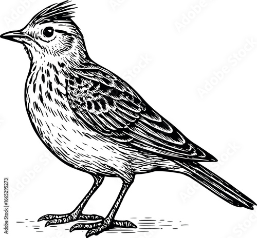 Hand-drawn sketch of Field Lark (Alauda arvensis), monochrome black ink, vector, isolated on white background