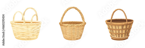 Set of three empty woven wicker baskets with handles in flat minimalist style isolated on white background for picnic or storage use vector illustration