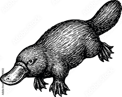 Hand-drawn sketch of Platiform (Ornithorhynchus anatinus), monochrome black ink, vector, isolated on white background