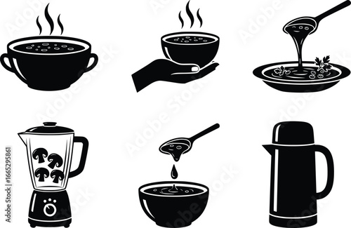Collection of six silhouette icons representing hot beverages cooking and food preparation appliances