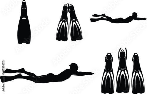 Dynamic silhouettes of swimmers with flippers in various action poses for aquatic sports and underwater photography