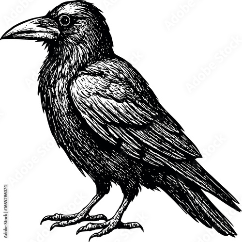 Hand-drawn sketch of Rook (Corvus corax), monochrome black ink, vector, isolated on white background