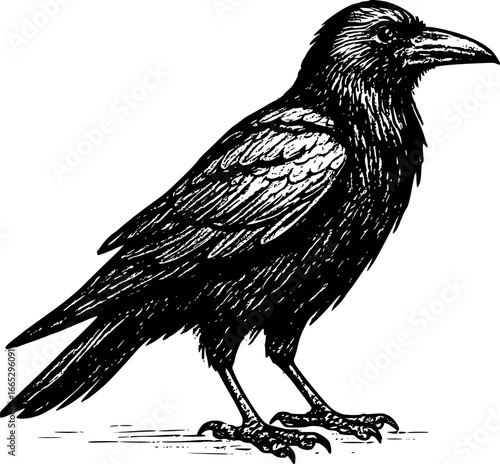 Hand-drawn sketch of Rook (Corvus corax), monochrome black ink, vector, isolated on white background