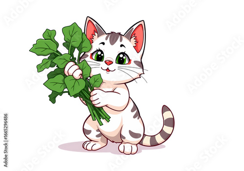 A Charming Addition to Your Collection: A New Vector Illustration of an Innocent Kitten with a Mint Sprig, Perfect for Children's Books and Greeting Cards.