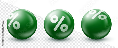 Green sphere with percentage sign. Special offer discount on green ball. Price reduction sale offer emblem. 3D vector
