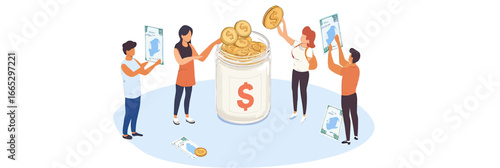 Isometric illustration of diverse people donating coins and banknotes into large donation jar with dollar symbol representing charity fundraising and financial support concept