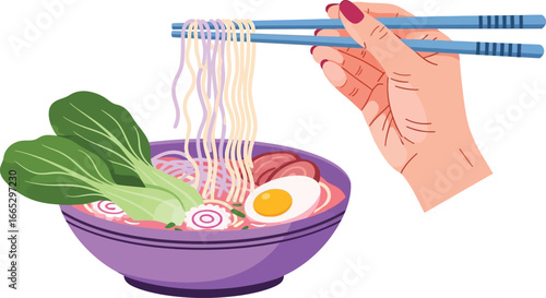 Hand with chopsticks lifting delicious ramen noodles from a vibrant bowl of soup.