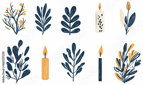 Flat minimalist vector set of decorative hand drawn dark blue and ochre botanical branches and lit candles with floral details for home decor and holiday design elements