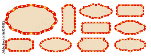 Retro lightbox frames set. Cinema casino club circus sign or theatre billboard. Vintage glowing bulb banner. Show light frame border in cartoon style. Vector EPS 10