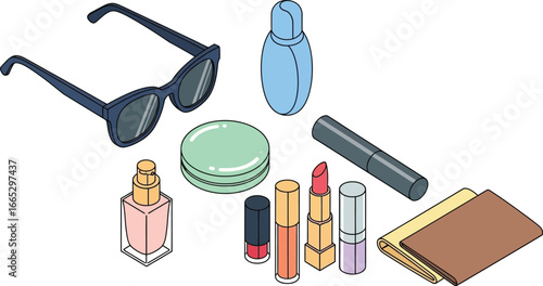 Collection of everyday makeup and beauty essentials laid out neatly