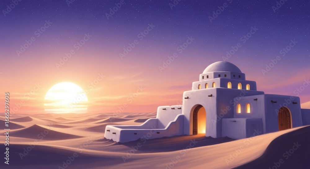 Obraz premium Desert Oasis Sunset Architecture Illustration