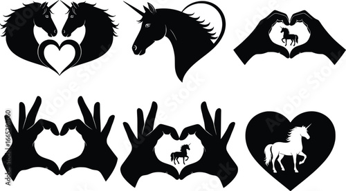 Graceful horses and unicorns embraced in hearts created by hand silhouettes for equestrian love and fantasy designs