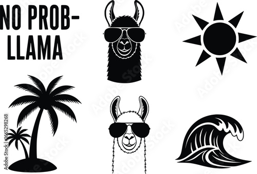 Fun silhouette design set featuring a "no prob-llama" phrase palm tree sun wave and cool llamas with sunglasses for beachy vibes