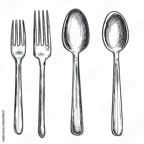 Hand drawn realistic sketch of two forks and two spoons cutlery set in detailed minimalist black and white line art style on white background