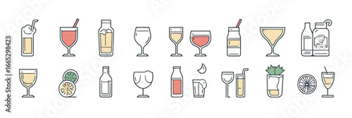 Set of minimalist line icons featuring various alcoholic and non alcoholic beverages including wine glasses, cocktail glasses, bottles, juice, and mixed drinks in flat style vector illustration