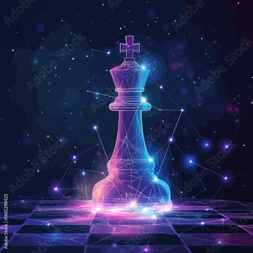 Abstract polygonal king chess piece with glowing low poly wireframe on futuristic digital chessboard in dark space background with connected dots and lines technology concept