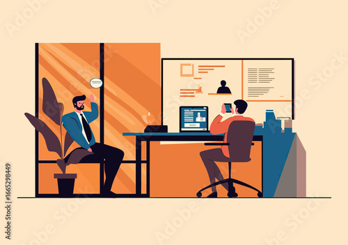 Businessmen in modern office setting during video conference call with digital screens and office plant in flat minimalist style vector illustration