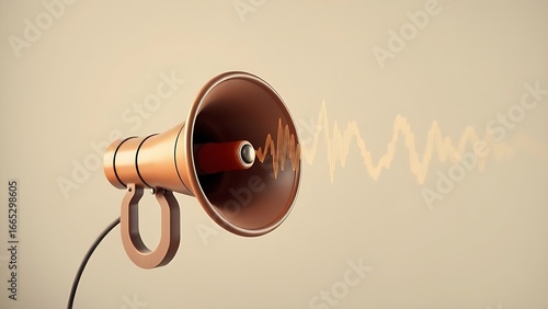 Vintage megaphone with abstract sound wave visualization in a 3D render style.