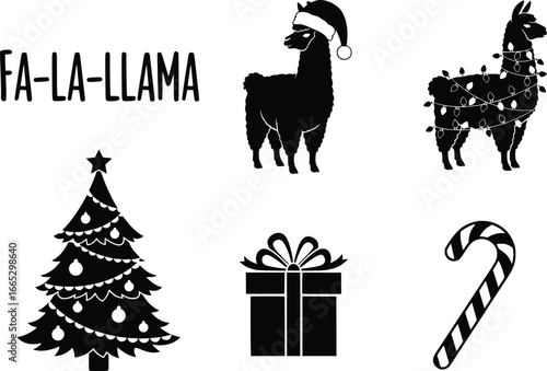 Fa-la-llama christmas set silhouette design featuring llamas with santa hat and lights christmas tree gift and candy cane festive holiday elements