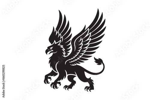 Majestic black griffin silhouette with spread wings